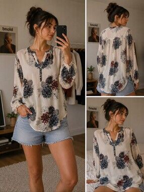 Daniel Rainn Size Medium Hi Low Floral Chiffon V Neck Blouse